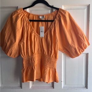 LOFT Peach-Orange Smocked Peplum Puff Sleeve Blouse